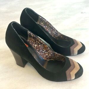 Missoni Black Suede Heels with Brown and Tan Chevron Accents